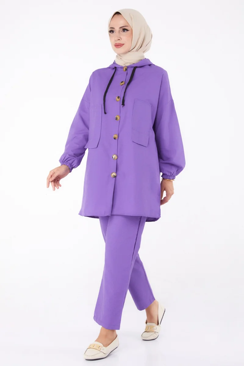Tofisa Plain Hooded Collar Women's Lilac Tunic + Trousers - 13020