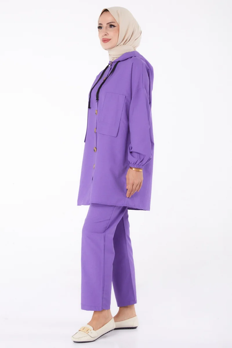 Tofisa Plain Hooded Collar Women's Lilac Tunic + Trousers - 13020