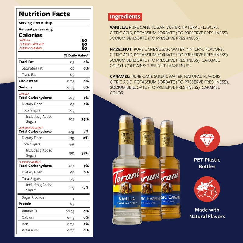 Torani شراب قهوة توراني، فانيليا، كراميل، ومجموعة البندق الكلاسيكية 3 عبوات، نكهة للمشروبات، مع فوهات سهلة الصب الجديدة، زجاجات نصف الحجم، 12.7 أونصة سائلة لكل منها - Image 2