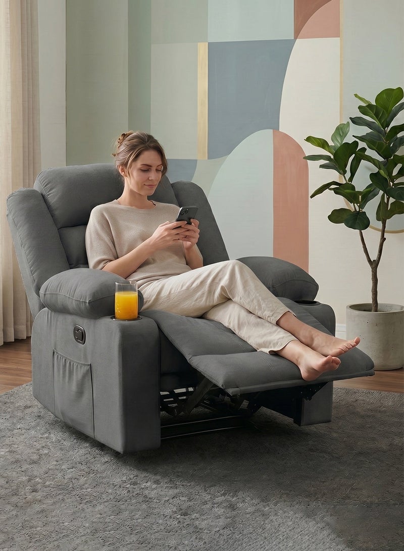 M-Smart Fixed Recliner Chair for Living Room - Ergonomic Lazy Chair with Dual Cup Holder & Side Pocket for Long Seating, Reading, Watching TV and Napping, 100x86x89cm - Grey - Image 5