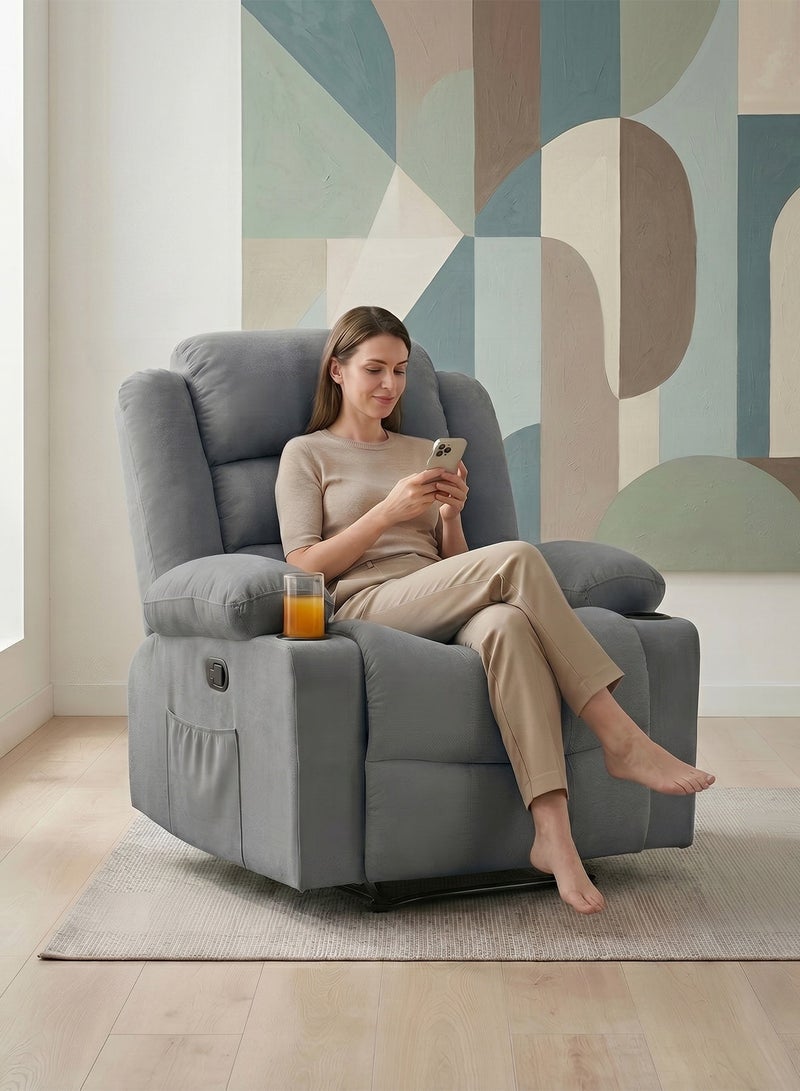 M-Smart Fixed Recliner Chair for Living Room - Ergonomic Lazy Chair with Dual Cup Holder & Side Pocket for Long Seating, Reading, Watching TV and Napping, 100x86x89cm - Grey - Image 4