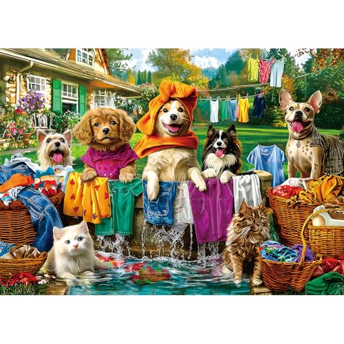 MINIWAN Laundry Day 1000 Piece Puzzle for Adults Colorful Backyard Scene with Dogs Cats Pet House Garden Jigsaw Puzzles Unique Fun Adult Games for Game Night Gift Family Activities - Image 1