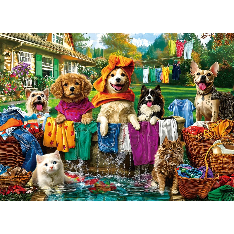 MINIWAN Laundry Day 1000 Piece Puzzle for Adults Colorful Backyard Scene with Dogs Cats Pet House Garden Jigsaw Puzzles Unique Fun Adult Games for Game Night Gift Family Activities - Image 3