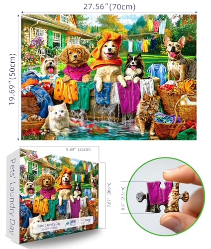 MINIWAN Laundry Day 1000 Piece Puzzle for Adults Colorful Backyard Scene with Dogs Cats Pet House Garden Jigsaw Puzzles Unique Fun Adult Games for Game Night Gift Family Activities - Image 5