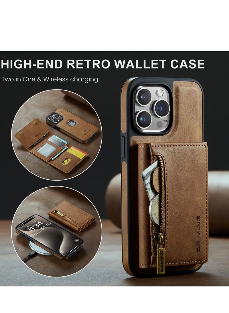 Dg Ming 2 in 1 Clutch Wallet for Iphone 15 Pro, Vintage Slim Leather Case Magnetic Detachable Tri-Fold Wallet, Leather Case with Card Holder Pocket Slim Case  - Image 3
