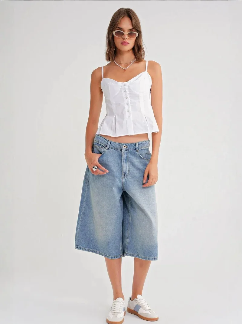 MixRay White Sweetheart Neck Button-Front Peplum Cami Top for Women | Best Price UAE