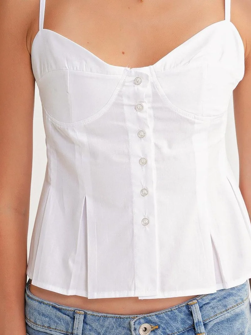 Mixray White Sweetheart Neck Button-Front Peplum Cami Top for Women | Best Price UAE