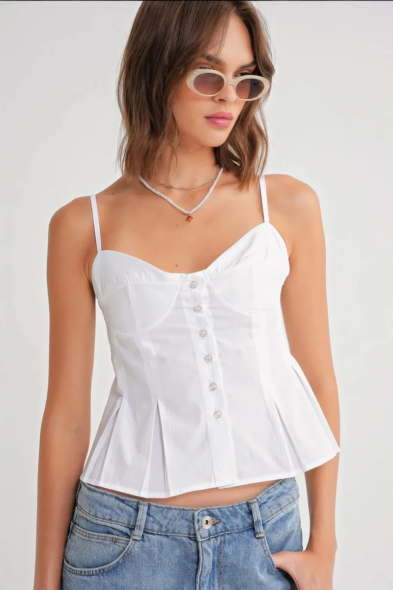 Mixray Sweetheart Neck Button-Front Peplum Cami Top