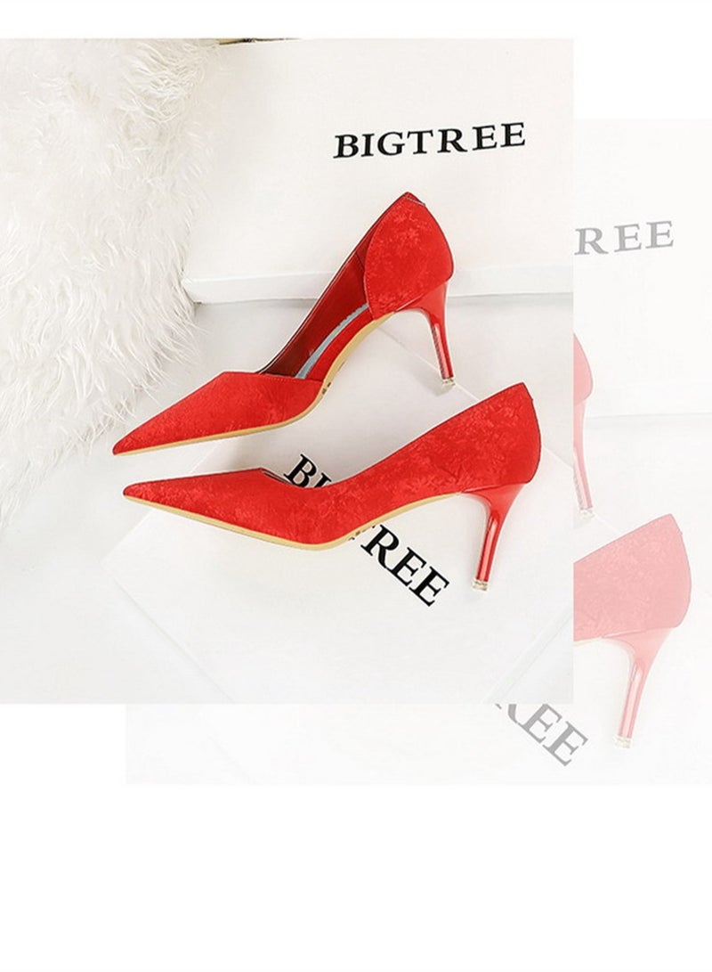 BIGTREE 7.5cm European And American Fashion Slimming Side Hollow-Out Heels With Thin Cloth Shallow Mouth Pointed Red  - Image 2