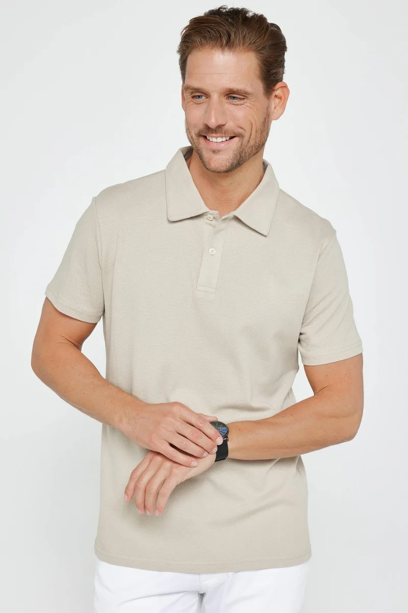 Tudors Men's Slim Fit Slim Cut 100% Cotton Patterned Stone Color Polo Neck T-Shirt