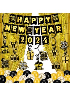 HOWAF Happy New Year Decorations 2024 Set Pack Of 54 Gold Fringe Backdrop 2024 Happy New Year Hanging Banner Happy New Year Hanging Swirl Decoration New Year Balloons For New Year Party Supplies  - Image 1