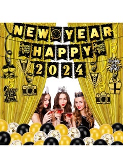 HOWAF Happy New Year Decorations 2024 Set Pack Of 54 Gold Fringe Backdrop 2024 Happy New Year Hanging Banner Happy New Year Hanging Swirl Decoration New Year Balloons For New Year Party Supplies  - Image 5