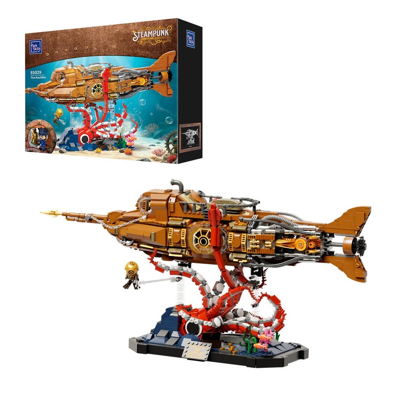 PANTASY Steampunk Nautilus Submarine Building Set, Modular 3-Section Design with Gear-Linked Propeller, Mini Boat & Undersea Adventure Scene, Retro Mechanical Collectible Model Kit for Adults - Image 1