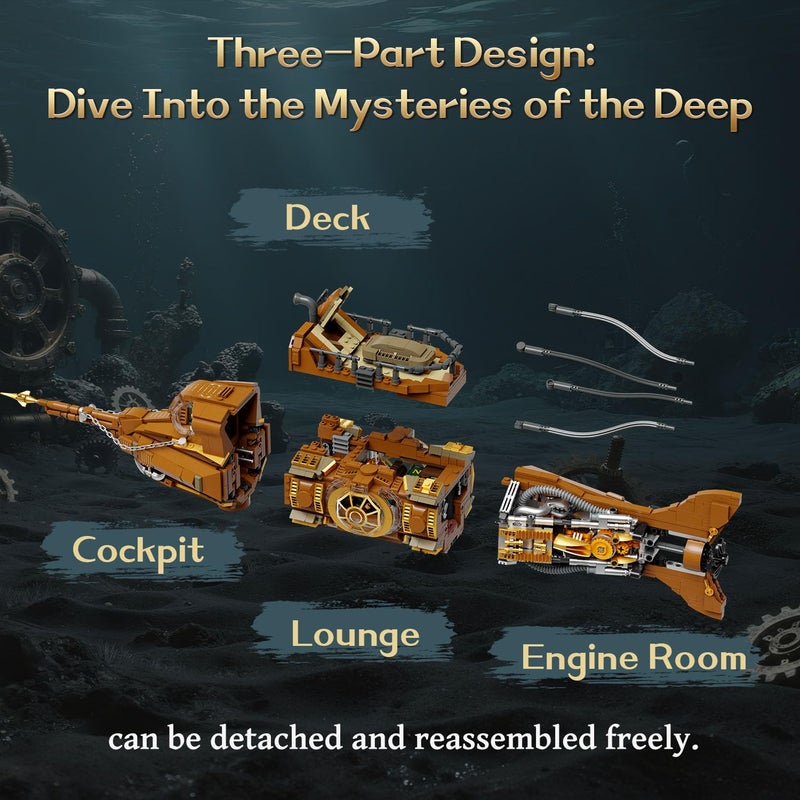 PANTASY Steampunk Nautilus Submarine Building Set, Modular 3-Section Design with Gear-Linked Propeller, Mini Boat & Undersea Adventure Scene, Retro Mechanical Collectible Model Kit for Adults - Image 3