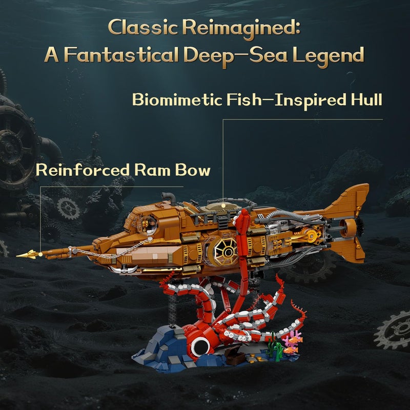 PANTASY Steampunk Nautilus Submarine Building Set, Modular 3-Section Design with Gear-Linked Propeller, Mini Boat & Undersea Adventure Scene, Retro Mechanical Collectible Model Kit for Adults - Image 2