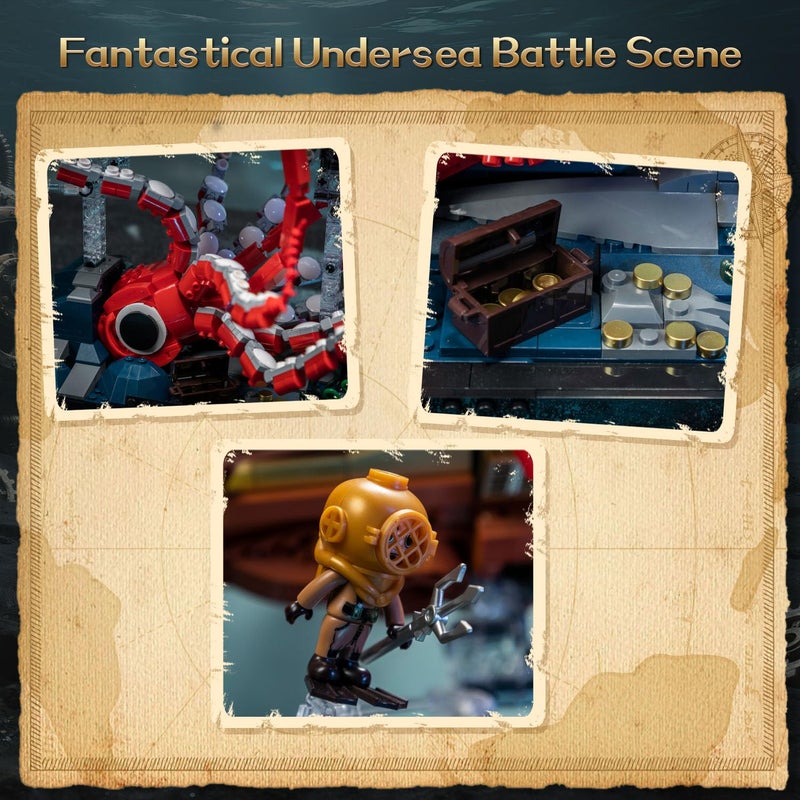 PANTASY Steampunk Nautilus Submarine Building Set, Modular 3-Section Design with Gear-Linked Propeller, Mini Boat & Undersea Adventure Scene, Retro Mechanical Collectible Model Kit for Adults - Image 5