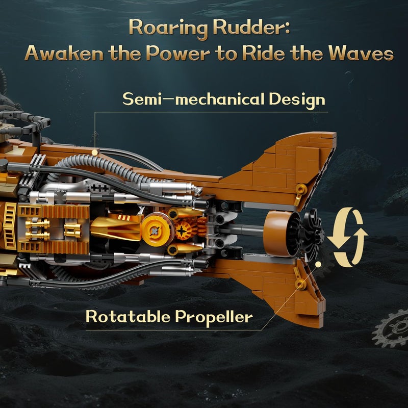 PANTASY Steampunk Nautilus Submarine Building Set, Modular 3-Section Design with Gear-Linked Propeller, Mini Boat & Undersea Adventure Scene, Retro Mechanical Collectible Model Kit for Adults - Image 4