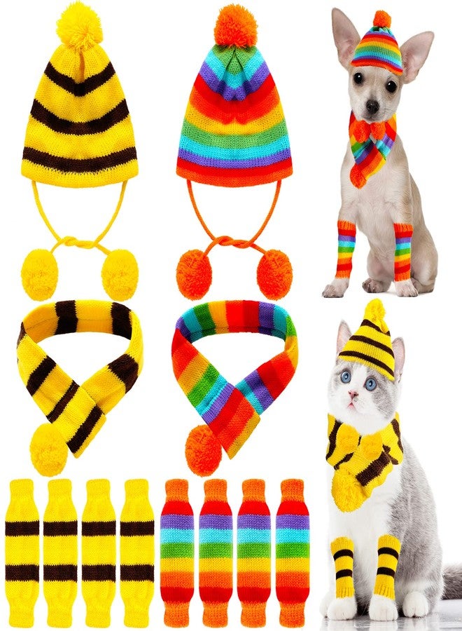 Saintrygo 12 Pieces Pet Winter Set Include Leg Warmers Knitted Striped Hat Soft Leggings Scarf Hat for Pet Cat Dog Puppy Winter Costume, S - Image 1