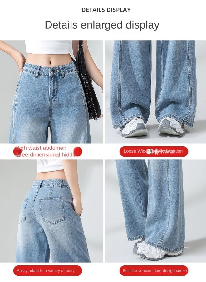 هابي بنطلون جينز واسع الأرجل من تنسيل أزرق فاتح للنساء، ستايل صيفي خفيف جديد، بنطلون مستقيم فضفاض عالي الخصر مريح - Image 2