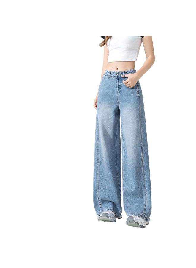 هابي بنطلون جينز واسع الأرجل من تنسيل أزرق فاتح للنساء، ستايل صيفي خفيف جديد، بنطلون مستقيم فضفاض عالي الخصر مريح - Image 1