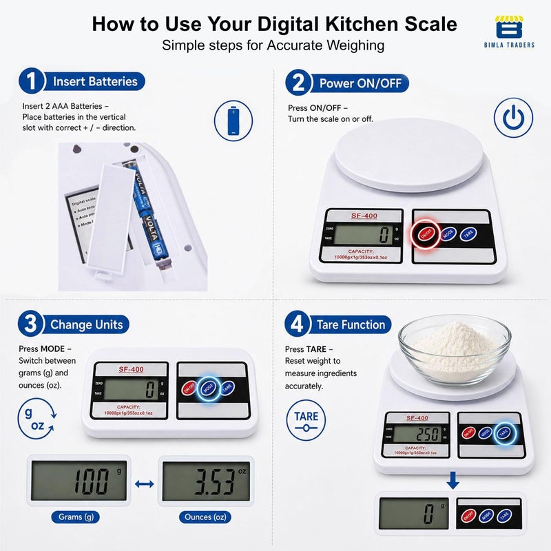 Btag Digital Kitchen Food Weighing Scale For Healthy Living, Home Baking, Cooking, Fitness & Balanced Diet. | Weighing Scale With Digital Display SF 400 10Kg x 1gms (SF_400_WHT) - Image 2