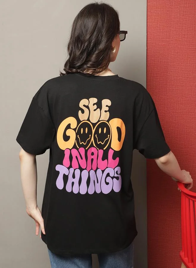Styli Women Black Oversized Graphic Print T-Shirt By Door74