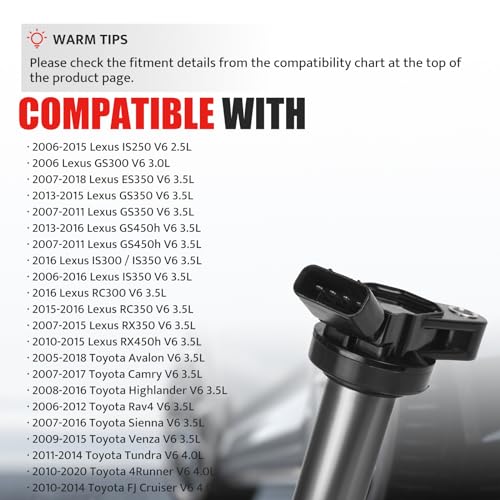 NPAUTO حزمة 6 لفائف إشعال تناسب 3.5 4.0 V6 تويوتا كامري توندر راف4 4رانر سيينا أفالون فينزا هايلاندر FJ كروزر، لكزس IS250 ES350، 2007 2008 2009 2010 2011 2012 2013 2014 2015 2016 2017، UF487 - Image 3