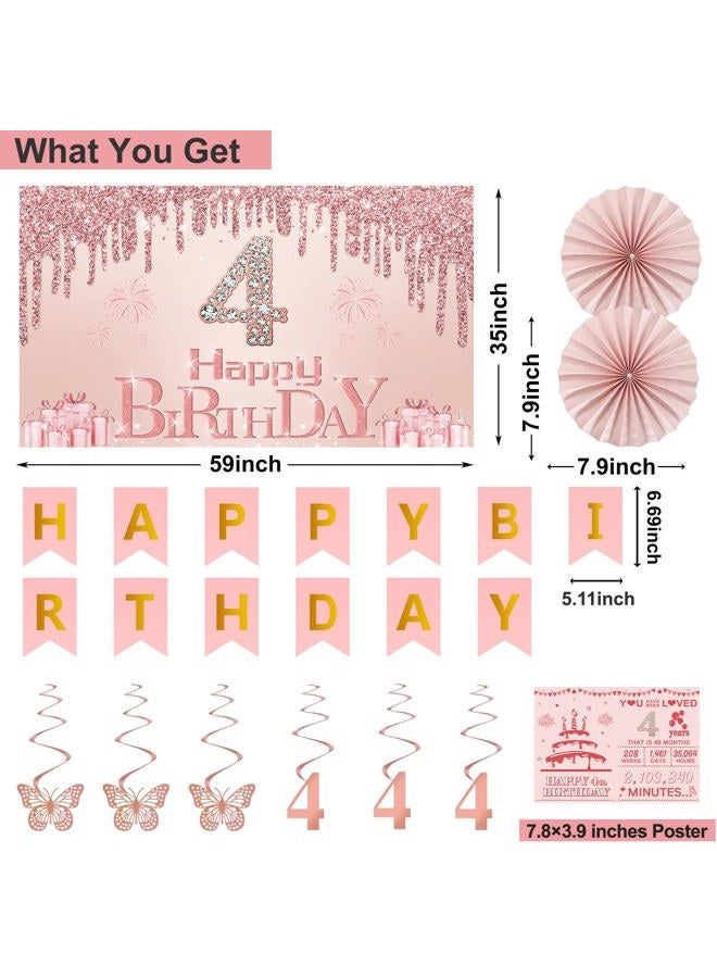 Juesly 4th Birthday Decorations for Girls,32PCS 4 year old Birthday Party Decorations,Including Backdrop, Crown, Sash, banner, Hanging Swirl,Cake Topper,Paper Fans,balloons and Anniversary Card - Image 2