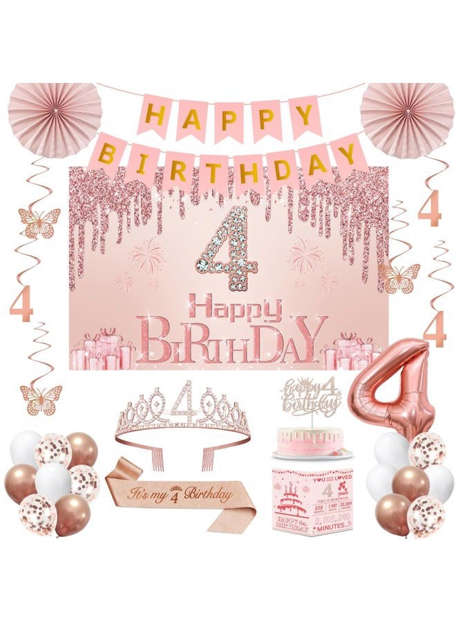 Juesly 4th Birthday Decorations for Girls,32PCS 4 year old Birthday Party Decorations,Including Backdrop, Crown, Sash, banner, Hanging Swirl,Cake Topper,Paper Fans,balloons and Anniversary Card - Image 1
