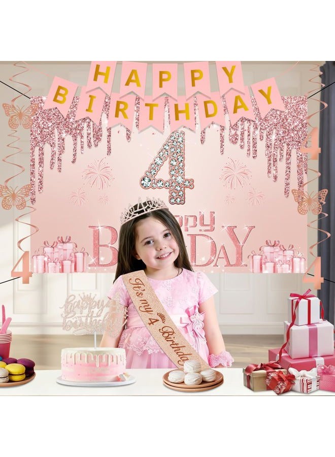 Juesly 4th Birthday Decorations for Girls,32PCS 4 year old Birthday Party Decorations,Including Backdrop, Crown, Sash, banner, Hanging Swirl,Cake Topper,Paper Fans,balloons and Anniversary Card - Image 3
