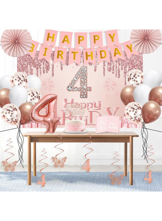Juesly 4th Birthday Decorations for Girls,32PCS 4 year old Birthday Party Decorations,Including Backdrop, Crown, Sash, banner, Hanging Swirl,Cake Topper,Paper Fans,balloons and Anniversary Card - Image 5