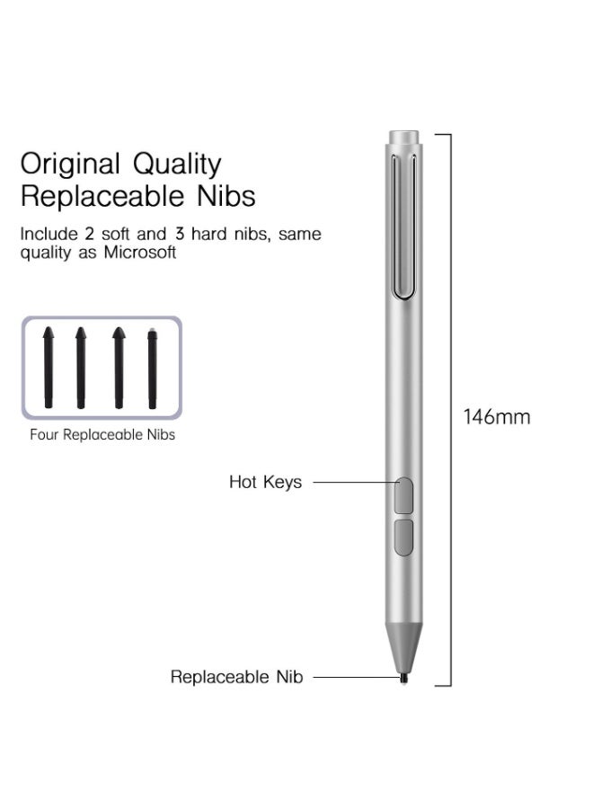 Youque 4096 Levels Stylus Pen for Microsoft Surface 3/4/5/6/7/8/9/10/11/12/Pro X, Surface Laptop 1/2/3/4/5, Surface Book 1/2/3, Surface Go 1/2/3, Surface Studio1/2 Silver - Image 2