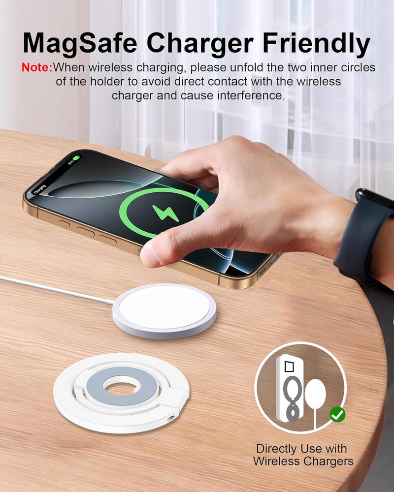 AILKIN MagSafe Phone Ring Holder, Dual-Side Magnetic Grip Stand with Metal Ring, Foldable Kickstand for iPhone 17 16 15 14 13 12, Wireless Charging Compatible, Works with Magnetic Car Mounts & Desks-White - Image 4