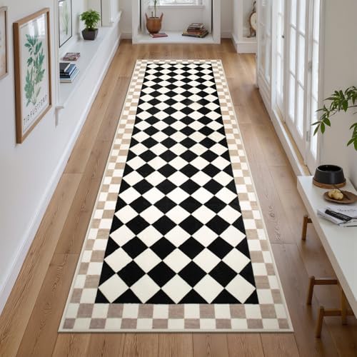 Morebes Checkered Rug Runner for Kitchen, 2x7 Black Washable Runner Rug for Hallway Non-Slip, Checkerboard Soft Indoor Bedroom Carpet Runners for Entryway Bathroom Nursery - Image 1