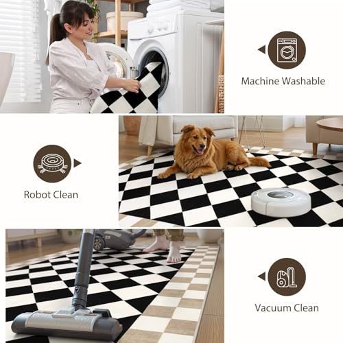 Morebes Checkered Rug Runner for Kitchen, 2x7 Black Washable Runner Rug for Hallway Non-Slip, Checkerboard Soft Indoor Bedroom Carpet Runners for Entryway Bathroom Nursery - Image 3