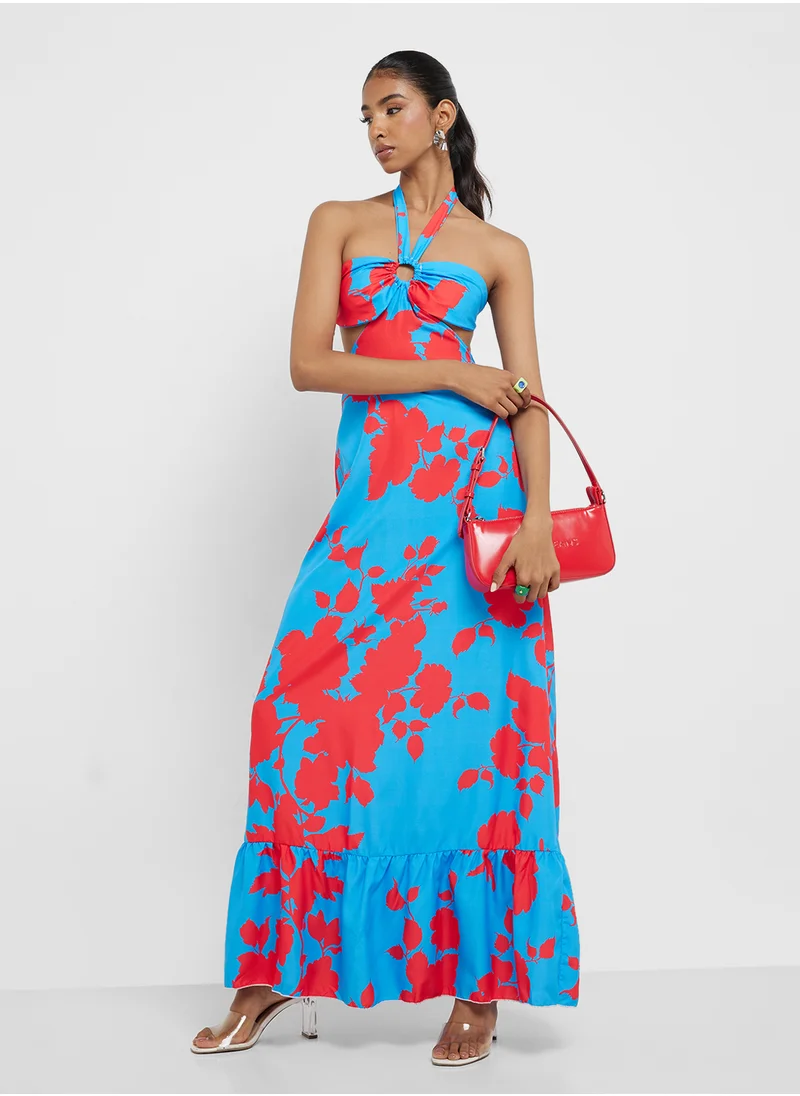 جينجر Halter Neck Floral Print A Line Dress