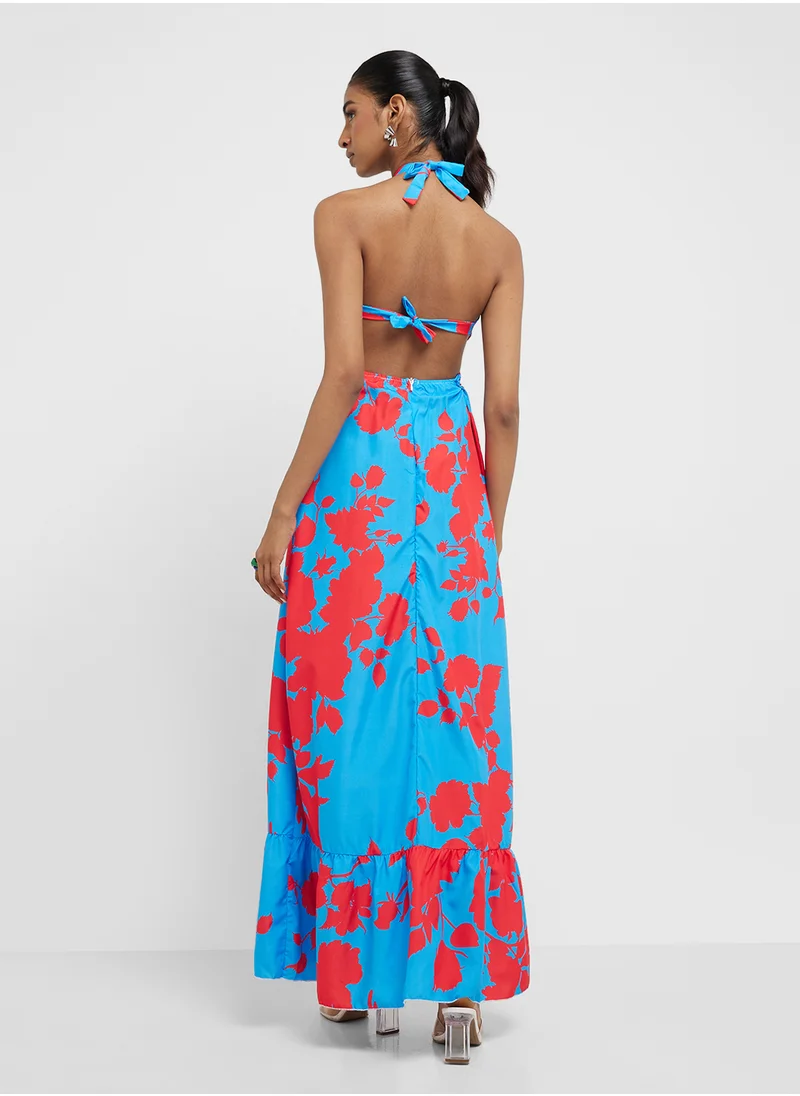 جينجر Halter Neck Floral Print A Line Dress