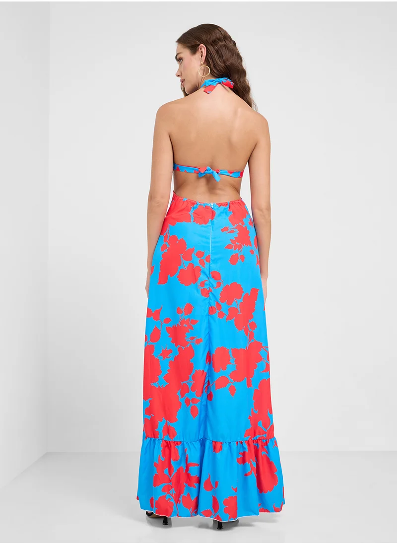 جينجر Halter Neck Floral Print A Line Dress
