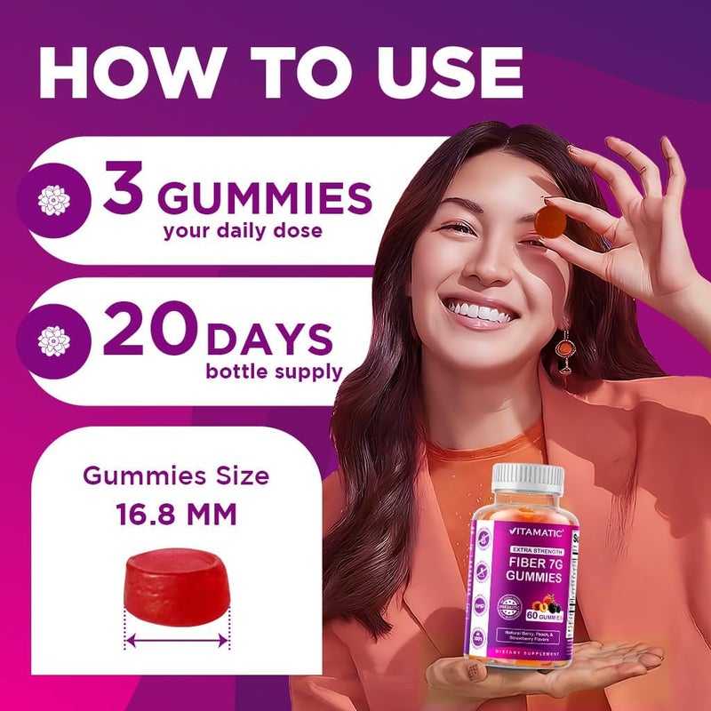 Vitamatic Prebiotic Fiber Gummies for Adults 2 Pack Total 120 Gummies 7g Fiber per Serving Extra Strength Zero Sugar Added PectinBased Digestive Health Regularity Support - Image 3