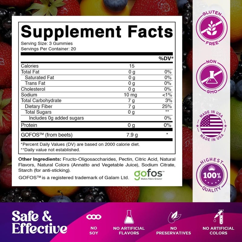 Vitamatic Prebiotic Fiber Gummies for Adults 2 Pack Total 120 Gummies 7g Fiber per Serving Extra Strength Zero Sugar Added PectinBased Digestive Health Regularity Support - Image 2