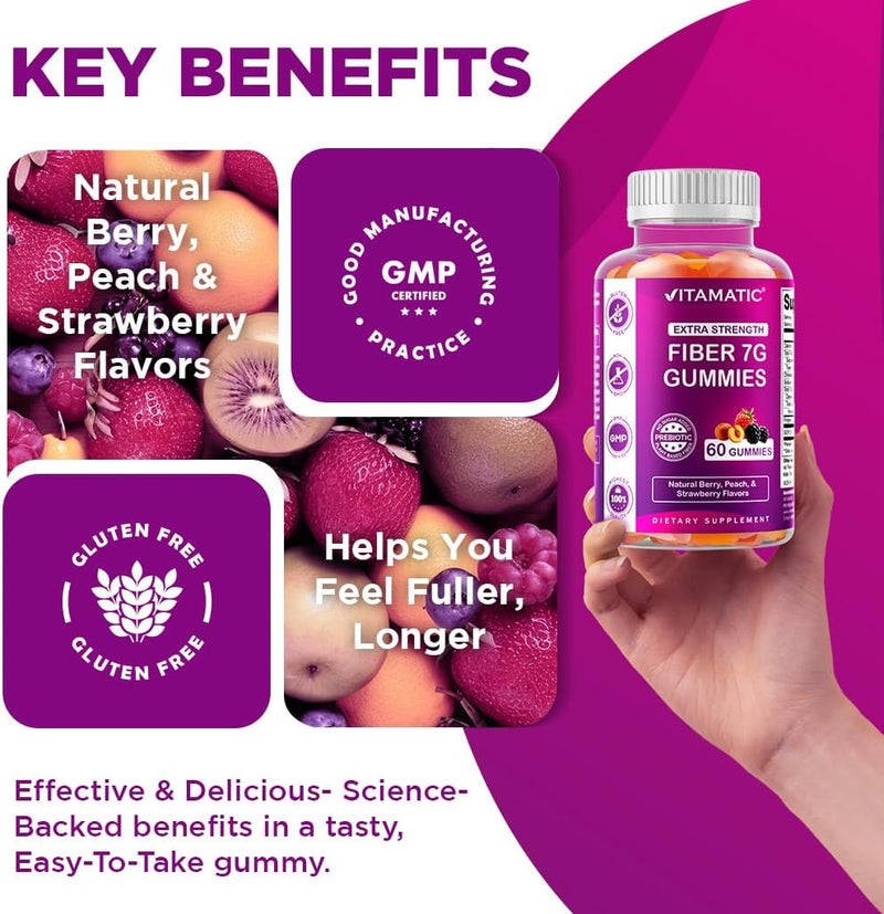 Vitamatic Prebiotic Fiber Gummies for Adults 2 Pack Total 120 Gummies 7g Fiber per Serving Extra Strength Zero Sugar Added PectinBased Digestive Health Regularity Support - Image 4