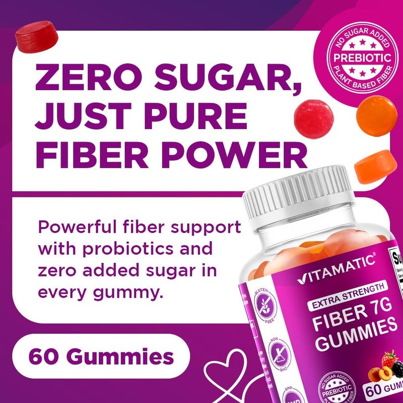 Vitamatic Prebiotic Fiber Gummies for Adults 2 Pack Total 120 Gummies 7g Fiber per Serving Extra Strength Zero Sugar Added PectinBased Digestive Health Regularity Support - Image 5