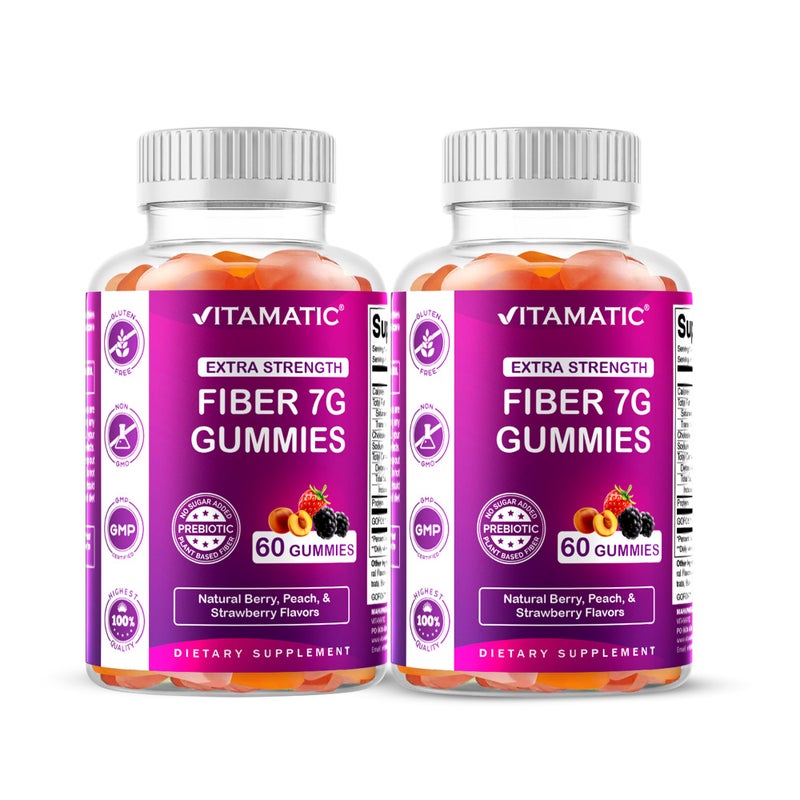 Vitamatic Prebiotic Fiber Gummies for Adults 2 Pack Total 120 Gummies 7g Fiber per Serving Extra Strength Zero Sugar Added PectinBased Digestive Health Regularity Support - Image 1