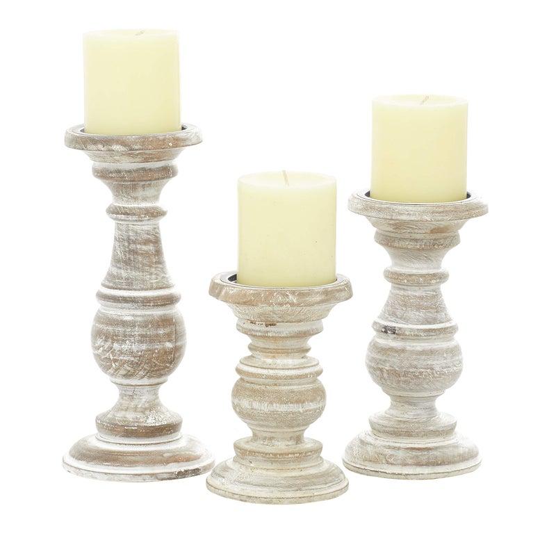 Deco 79 Mango Wood Decorative Candle Holder Turned Style Pillar Candle Stand Set of 3 Candlestick Holder 6 8 10H Cream
