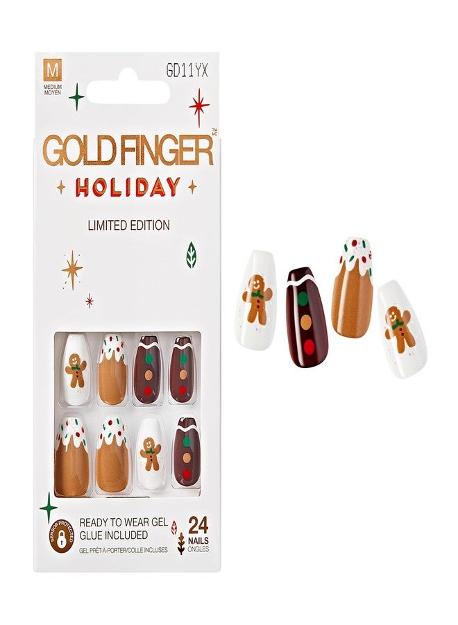 Goldfinger Holiday Limited Edition Nail Kits with Gel Glue, Christmas Art, Multiple Lengths, 6 Holiday Nail Styles, at Home Manicure Press Ons (Gingerbread Buttons) - Image 1
