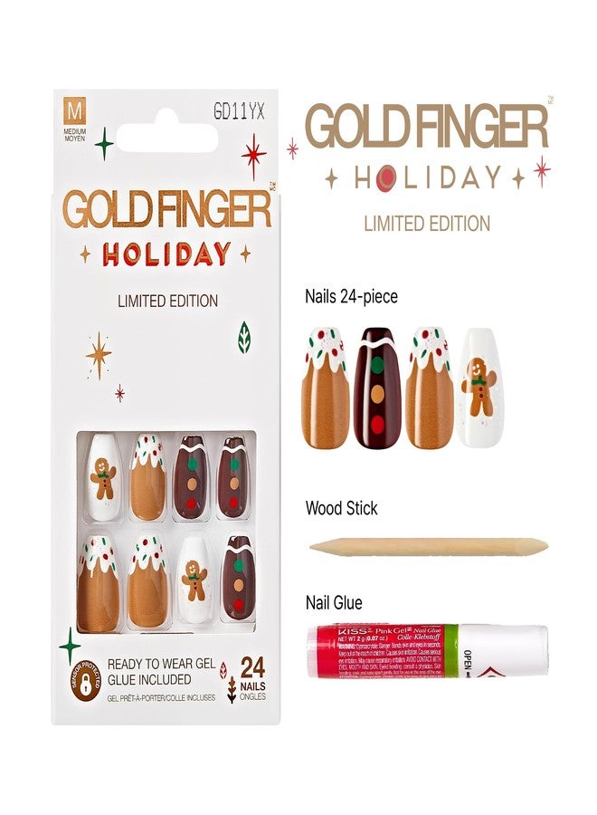 Goldfinger Holiday Limited Edition Nail Kits with Gel Glue, Christmas Art, Multiple Lengths, 6 Holiday Nail Styles, at Home Manicure Press Ons (Gingerbread Buttons) - Image 2