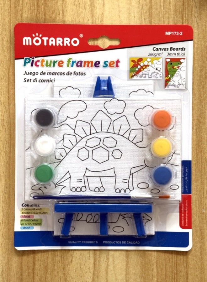 MOTARRO Motarro High-Quality Painting Picture Frame Set – 2 Canvas Boards (10.2cm × 15.2cm) + 1 Easel + 6 Paint Colors + 1 Brush + Gift Motarro Clay (6 Painting colors) - Dinosaur - Image 1