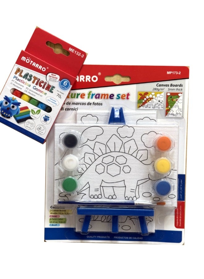 MOTARRO Motarro High-Quality Painting Picture Frame Set – 2 Canvas Boards (10.2cm × 15.2cm) + 1 Easel + 6 Paint Colors + 1 Brush + Gift Motarro Clay (6 Painting colors) - Dinosaur - Image 3