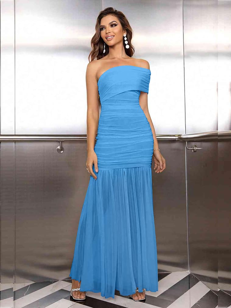 LAGSHIAN Women's Elegant Formal Long Dress One Shoulder Sleeveless Ruched Bodycon Evening Dress Blue - Image 2