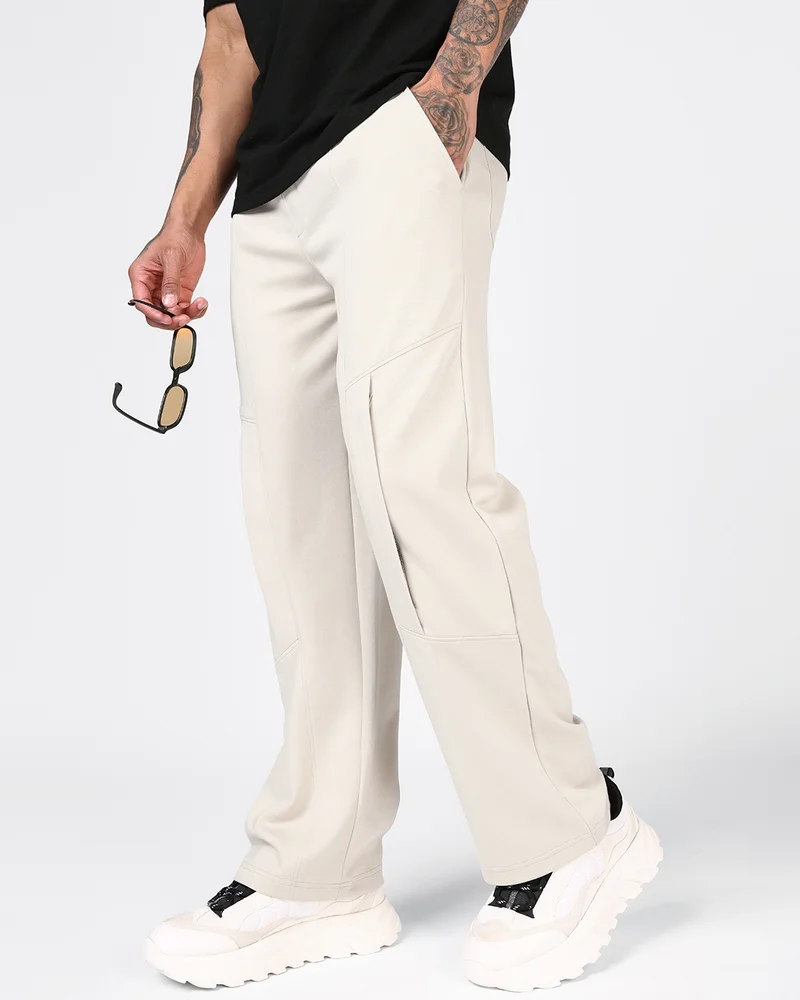 بيواكوف Men's Beige Straight Fit Cargo Track Pants